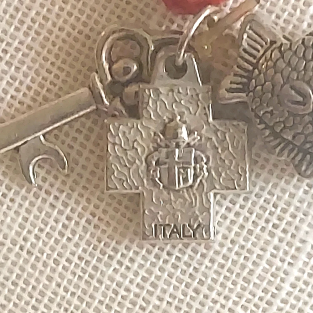 Vintage glass bead Alpha Omega Cross & chastity key Fish Silver bracelet